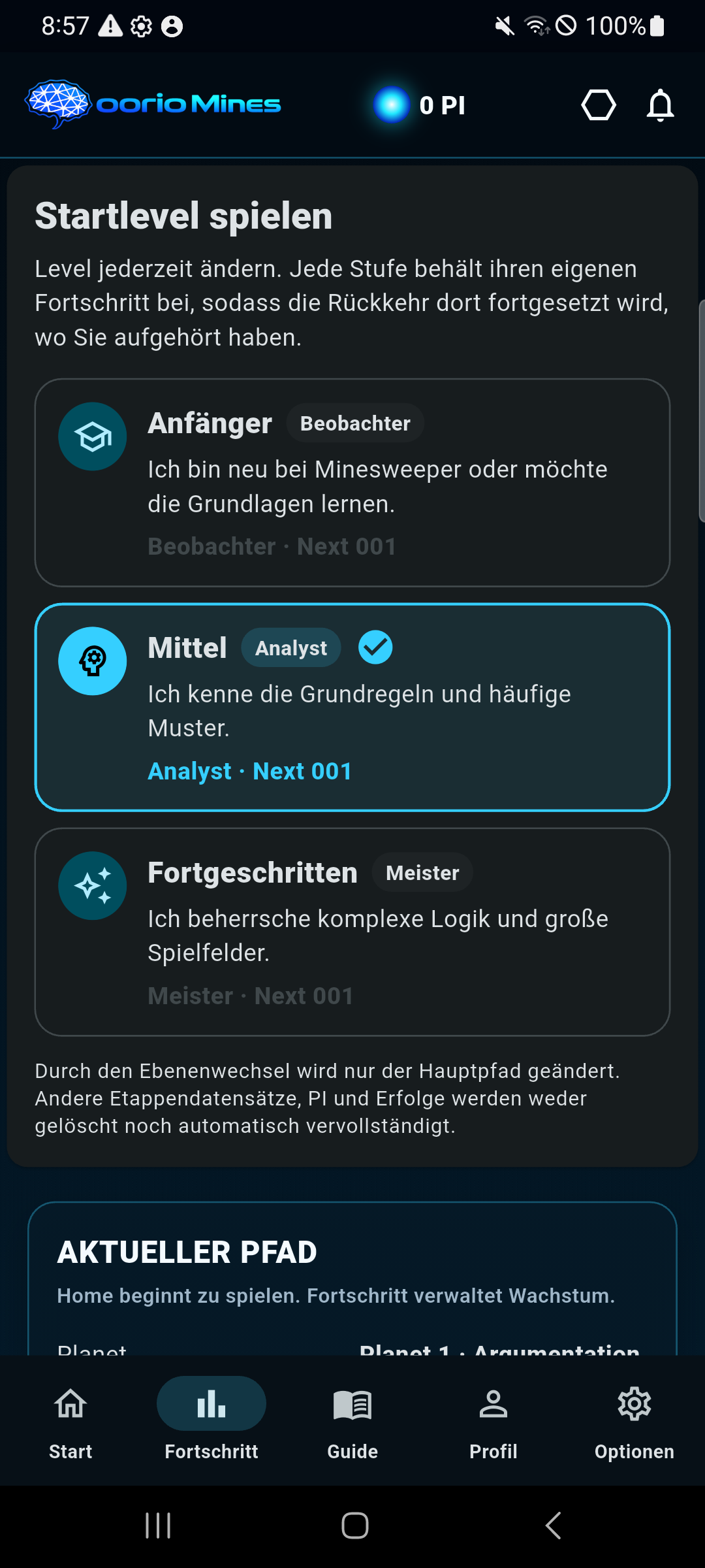 Fortschrittsbildschirm von oorio Mines