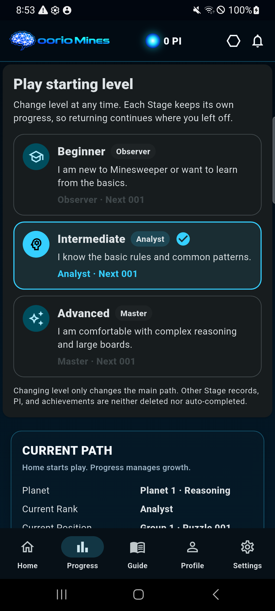 oorio Mines progress screen