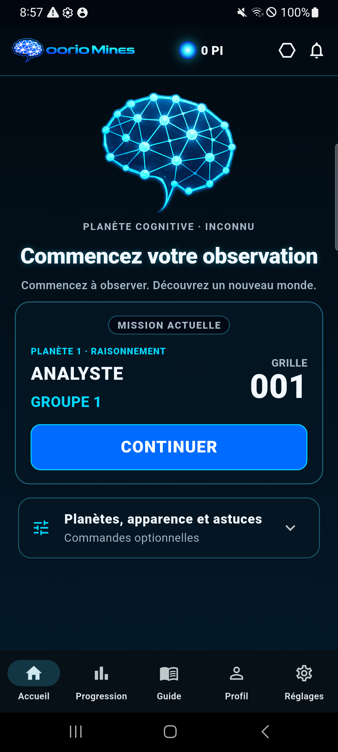 oorio Mines home screen (fr)