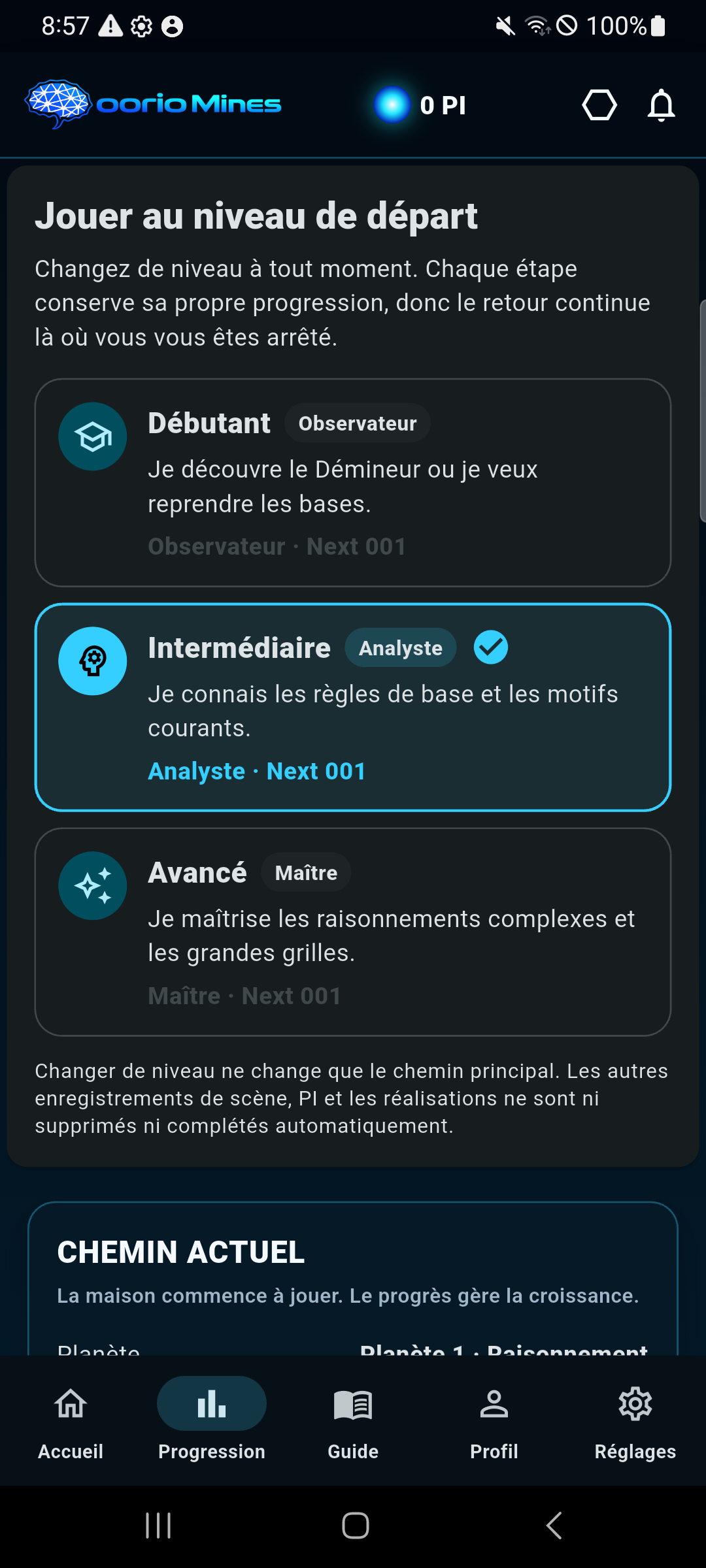 Écran de progression de oorio Mines