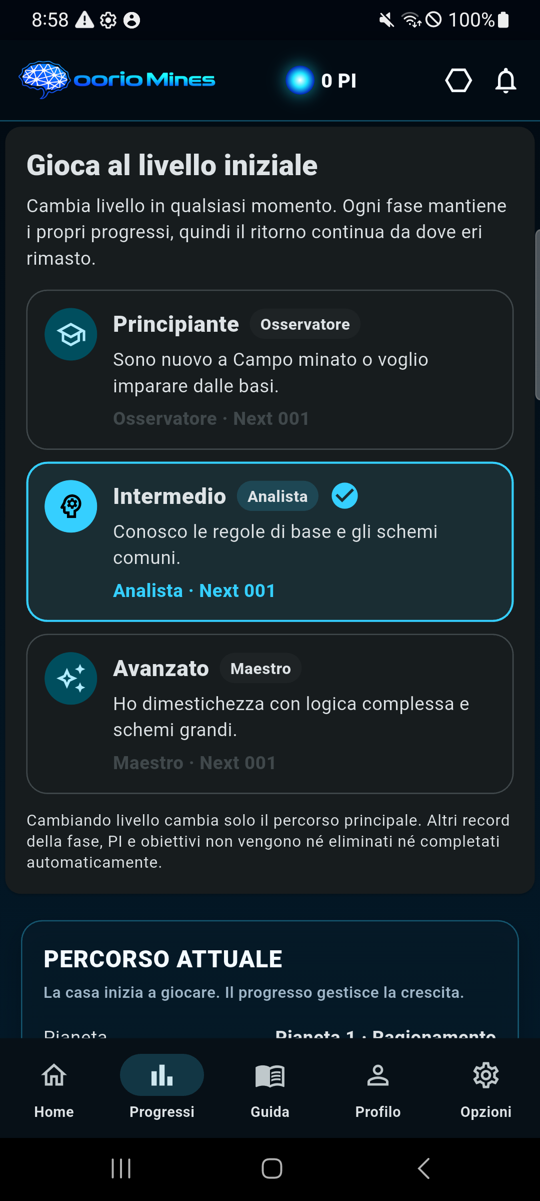 Schermata progressi di oorio Mines
